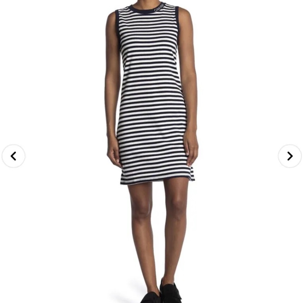 Calvin Klein BLACK/WHITE Striped Sleeveless Midi Dress, size S